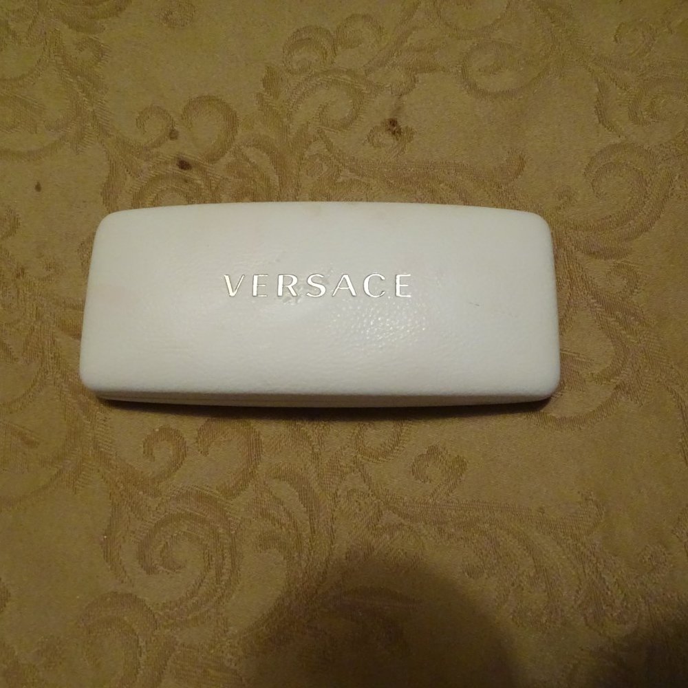 Versace eyeglass case, white, black velvet-like interior, highest of fashion